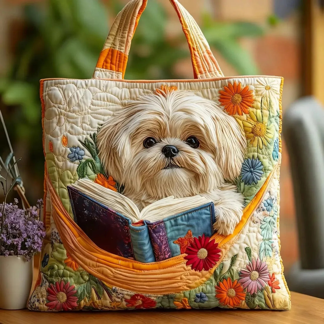 Hantväska - Shih Tzu med Böcker och Blommor