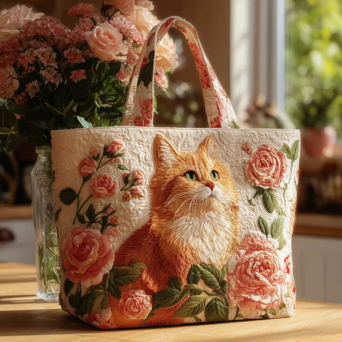 Hantväska - Röd Katt med Rosor