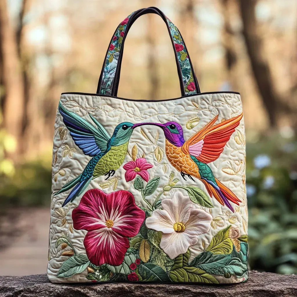 Vadderad Väska - Kolibri och Vita Blommor