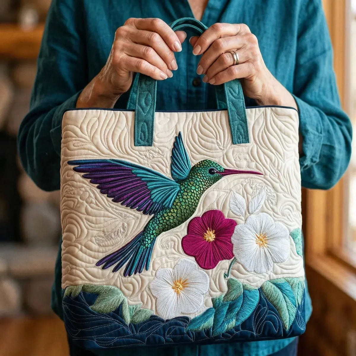 Vadderad Väska - Kolibri och Vit Blomma