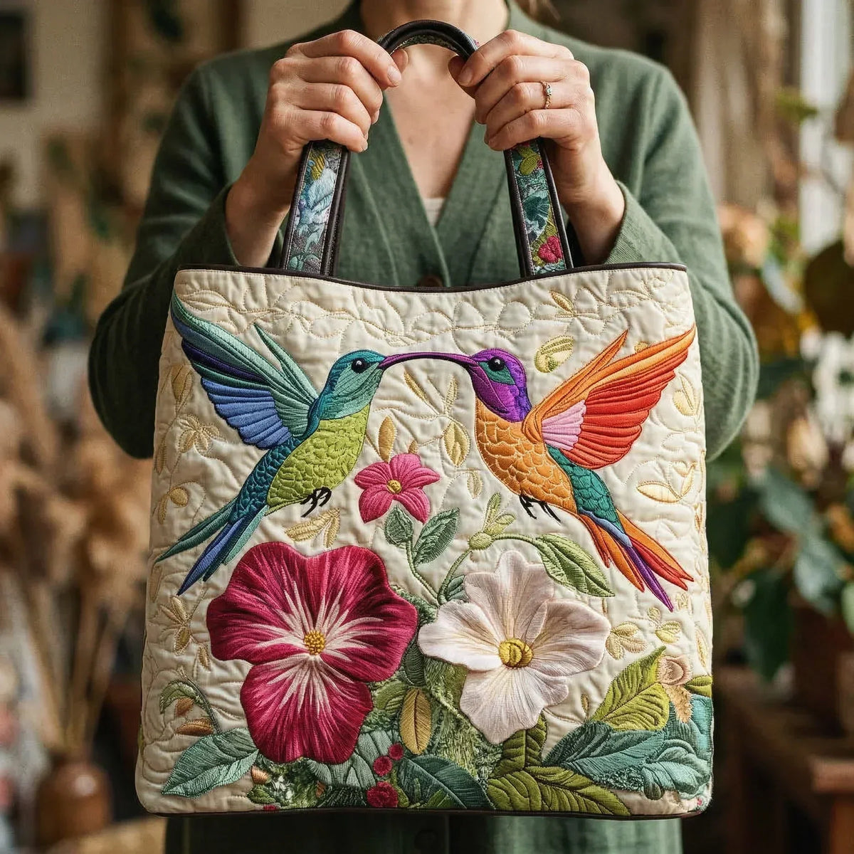Vadderad Väska - Kolibri och Vita Blommor